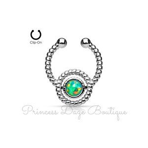 Roped Circle With Green Opal Non-Piercing Septum Hanger‎